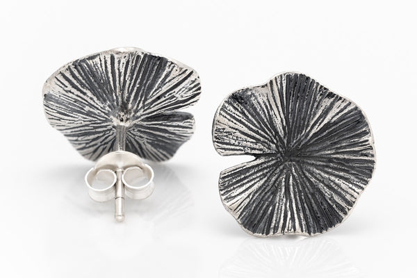 Oxidised lily pad silver stud earrings